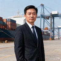 招商局港口技术总监王建国先生的商务肖像照片，身着深色西装，背景为港口集装箱码头